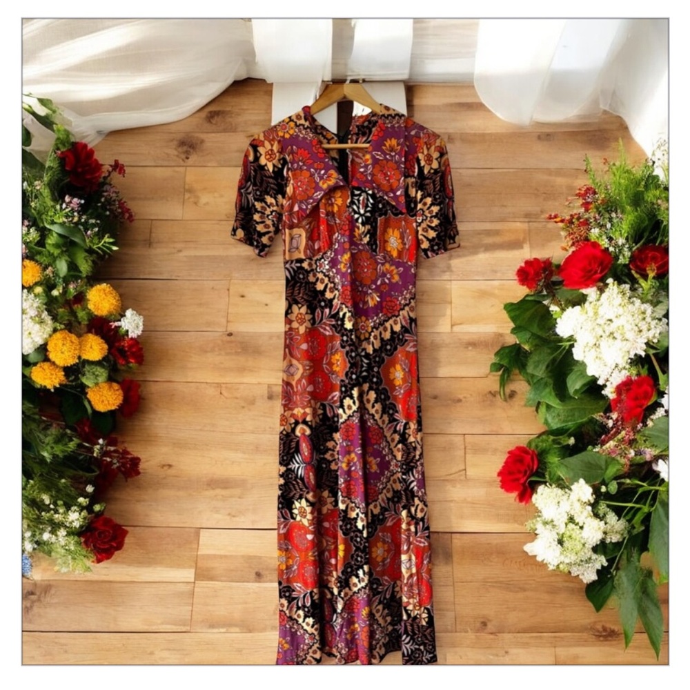 VTG 70’s Amazing Floral Paisley Mix Print Maxi Dress- Wing Collar -Sz 12 EUC ✌️🌼 - Picture 2 of 16